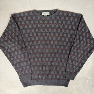 San Mateo Island Mens Medium Grey Geometric Checkerboard Crewneck Sweater